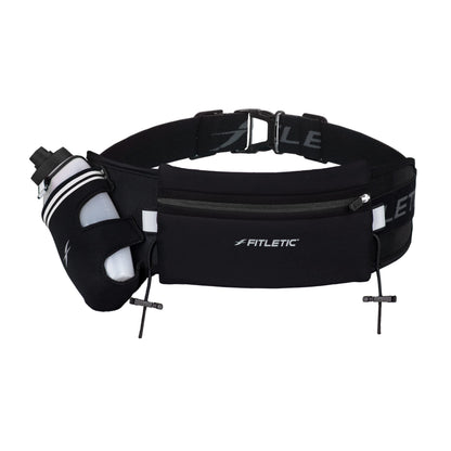 Fitletic Hydration Running Belt With 12oz Quick Flow Water Bottle For Men & Women –Race Belt, Gel Holders & Bib Toggles Patented Bounce Free Design, Water Resistant- Fits All Phones – Fully Loaded
