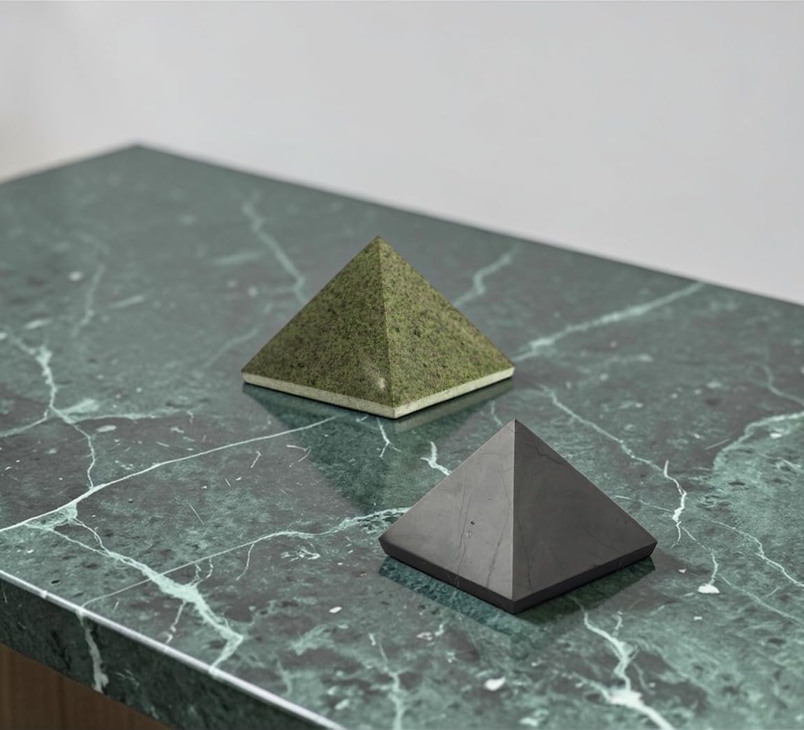 Karelian Heritage Shungite and Green Basalt Pyramid Set 2 Pack, Meditation Authentic Solid Stones, 2 Inch Polished Sacred Geometry Healing Crystals (Light Green)