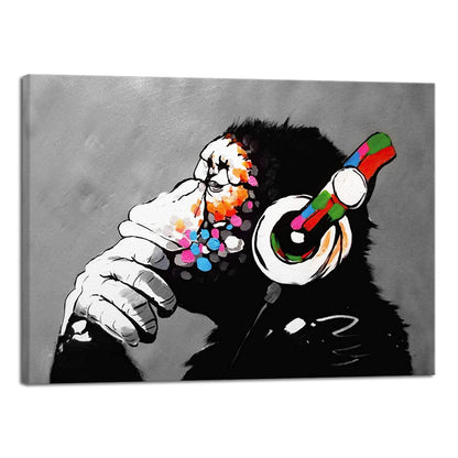 Wieco Art Black Framed Monkey With Headphones Banksy Graffiti Art Abstract Canvas Paintings Prints Animal Canvas Wall Art for Wall Decor and Home decorations Office Decor