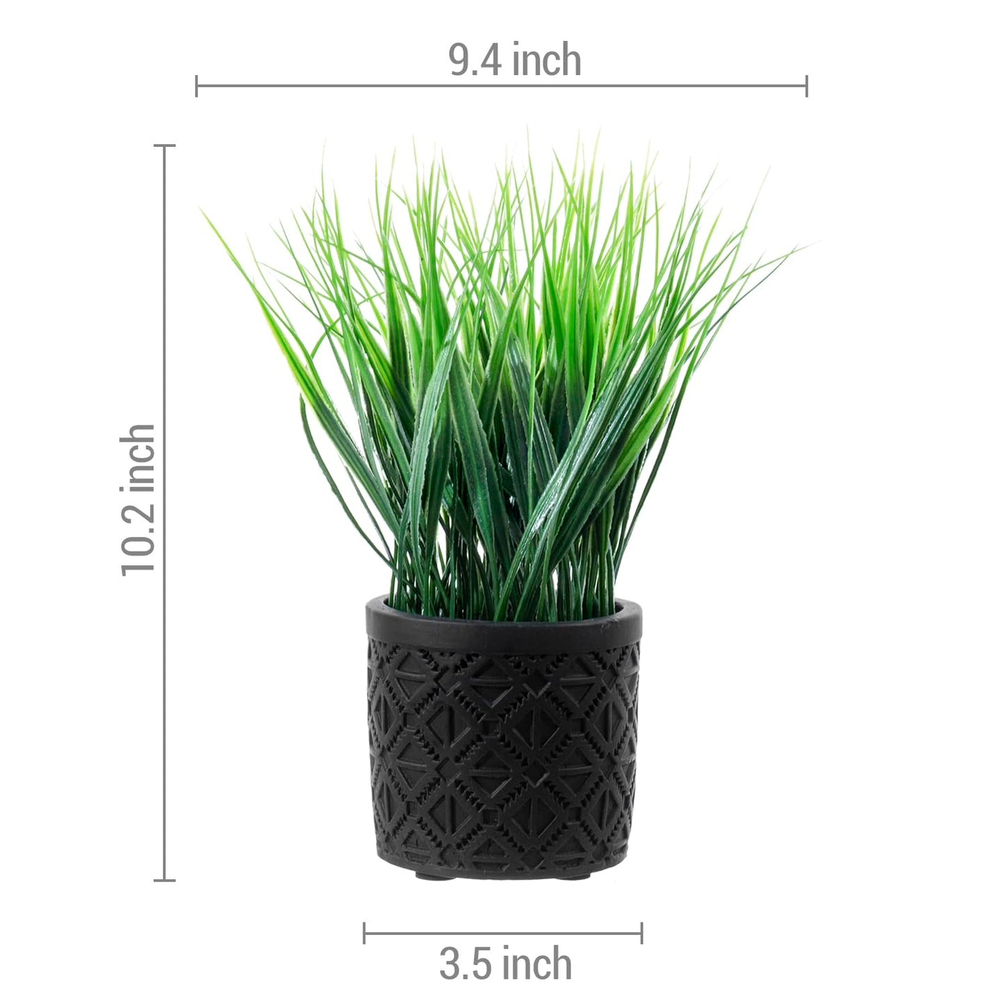 MyGift Artificial Green Grass Plant in Modern Black Concrete Pot with Geometric Embossed Pattern, Tabletop Faux Greenery Decorative Round Cement Planter Home Decor