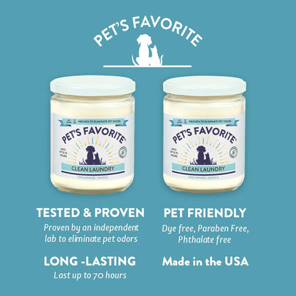 Pet's Favorite Fresh Laundry Pet Odor Candle, Clean Burning, Long Lasting Plant Based Soy Candles with a Natural Fiber Wick and 70 Hour Burn Time, Pack of 2
