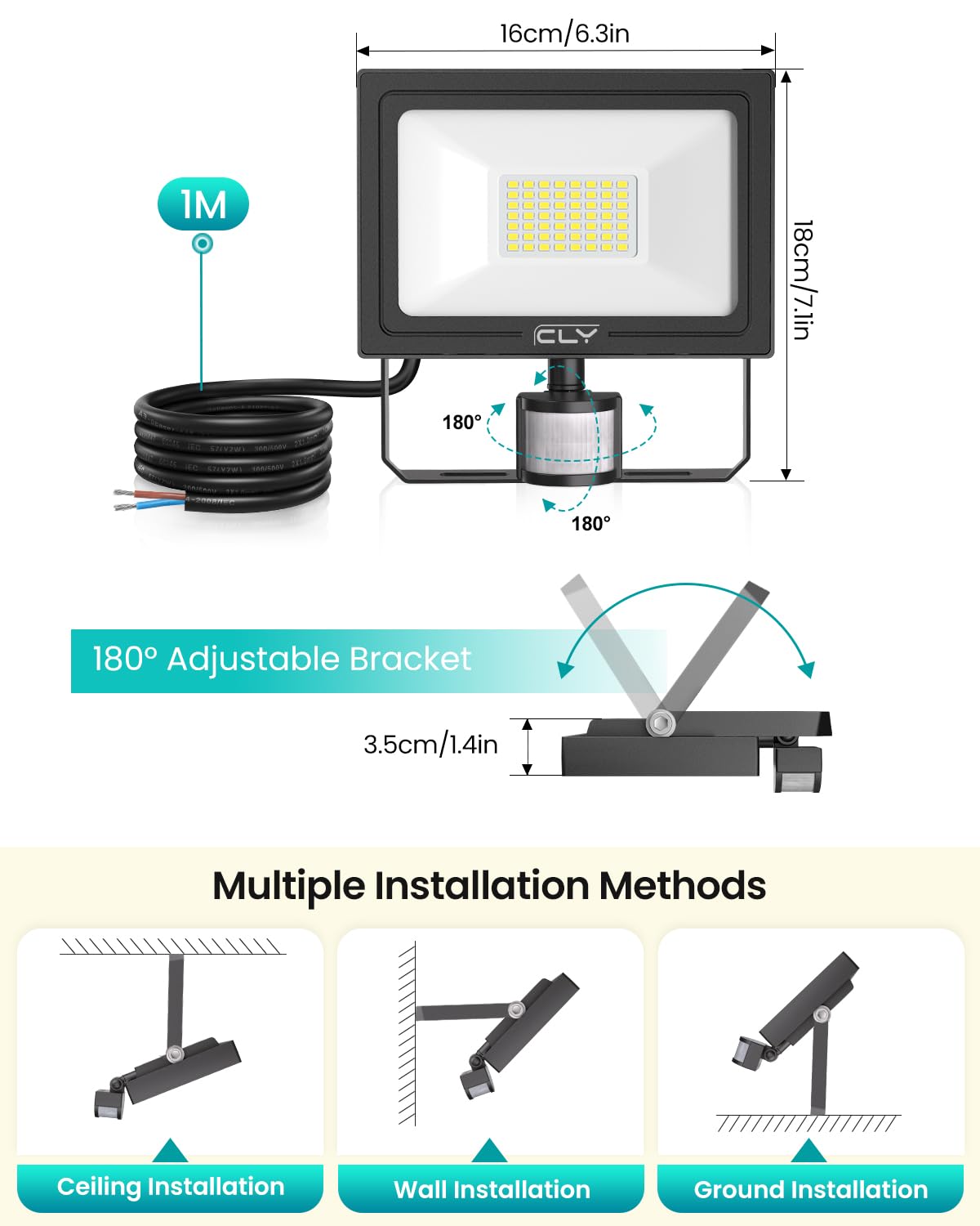 CLY Security Lights Outdoor Motion Sensor, 30W PIR Sensor Security Light 2820 Lumen IP66 Waterproof Motion Sensor Floodlight, 6500K Cold White LED Outdoor Light Mains Powered for Garden NO Earth Wire