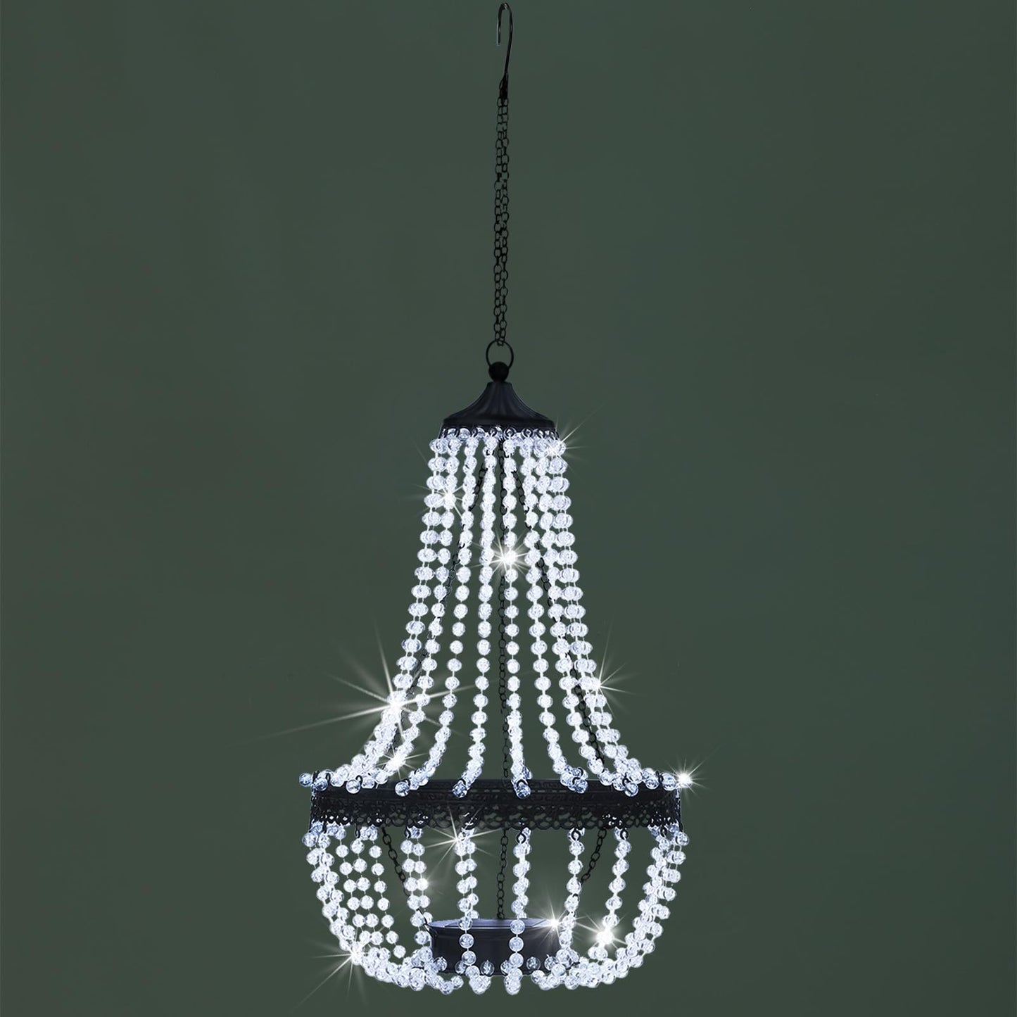 Hanging Solar Lantern Outdoor, 28” Modern Clear Crystal Acrylic Chandelier with 30 Cool White Lights S Hook for Garden, Yard, Patio, Gazebo Decorations