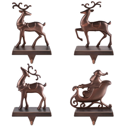 MCEAST Set of 4 Christmas Stocking Holders Santa and Reindeer Mantle Stocking Hangers Metal Christmas Hanging Hooks Safety Hanger Grips for Fireplace Decoration, Black