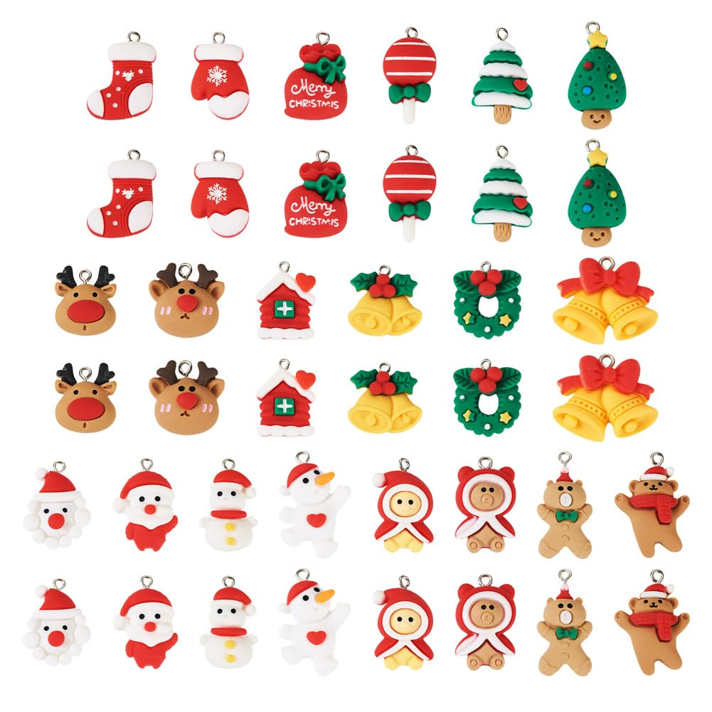 Cheriswelry 40Pcs Christmas Resin Charms for Crafts Santa Claus Snowman Deer Jingle Bell Pendants Ornaments 21-30mm for Xmas Home Party Decoration Necklace Earring Bracelet Making
