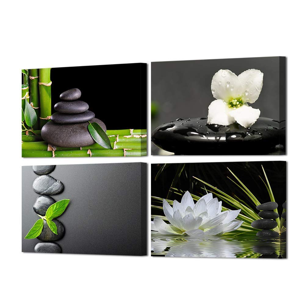 VVOVV Wall Decor Zen Wall Decor Zen Stone Elegant Lotus Flower Painting Green Bamboo Wall Pictures Bathroom Spa Room Decor Framed Gallery Wrap 12"x16"x4 Panels