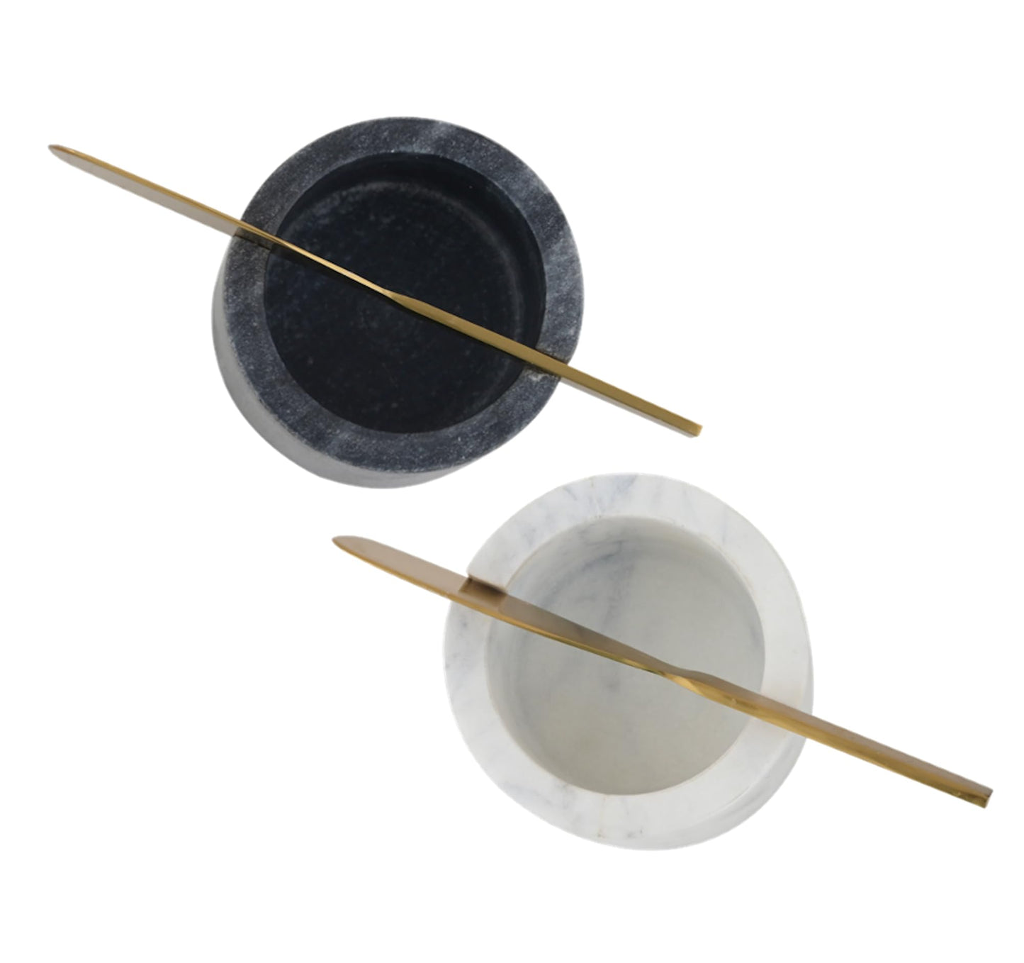 Cruiser’s Caché | Butter and Jam Serving Crocks with Gold Knifes | One each White and Gray Marble | For Serving Butter, Jams, Condiments, and Spreads