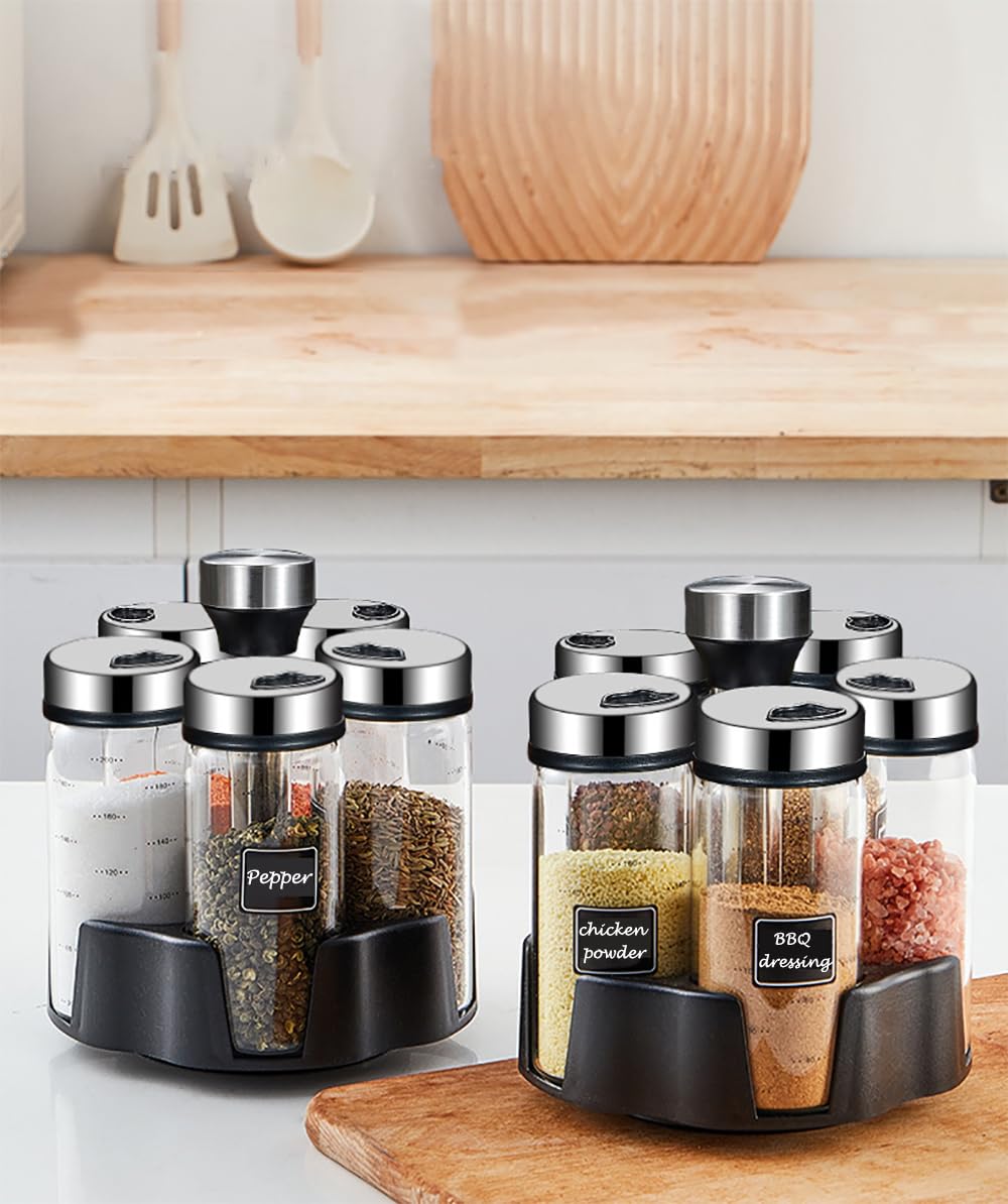 TINMIX Revolving Spice Rack Organizer, Rotating Seasoning Holder Shelf with 5 Large 200ml Glass Jars for Kitchen Countertop Cabinet