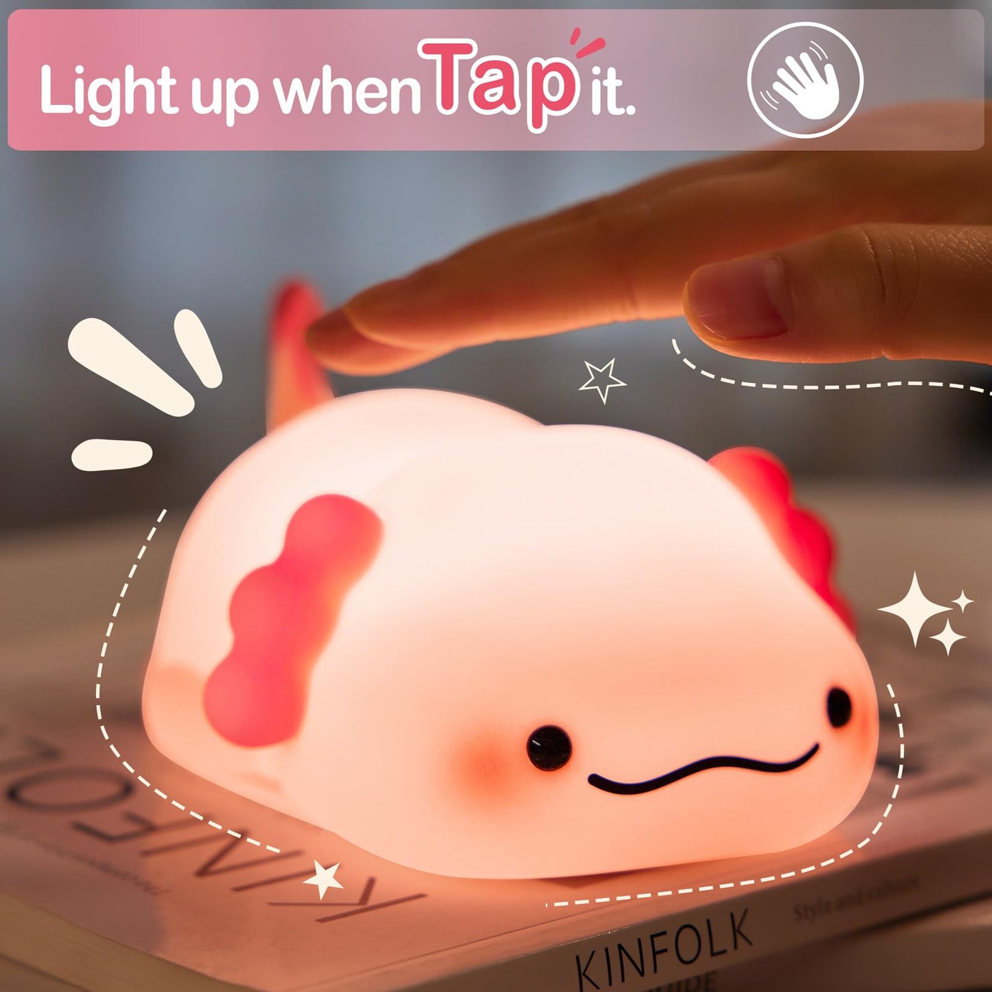 LettreQ Axolotl Night Light for Kids, Rechargeable Cute Squishy lamp - Silicone Adorable Christmas Axolotl Gifts for Kids - Nightlight Nursery Animal Touch Light - Bedroom Decor for Boy, Girls