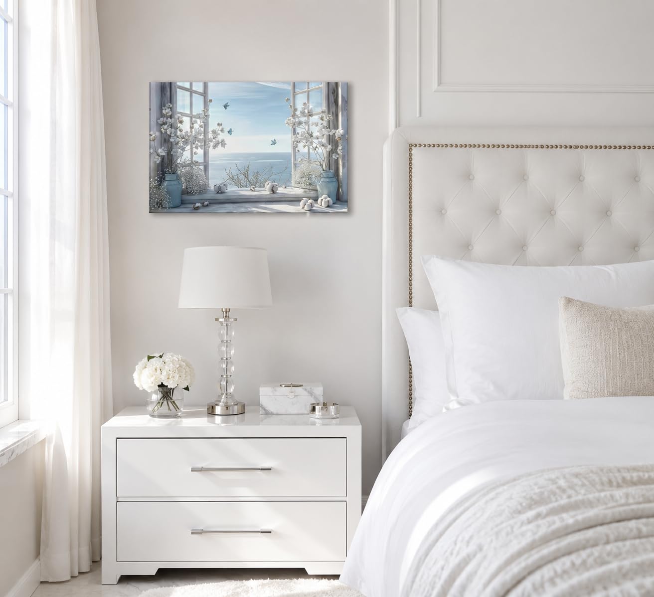 Coastal Flower Bathroom Canvas Wall Art Farmhouse Cotton Bouquet and Butterfly Bathroom on Window Wall Decor Rustic Blue Beach Butterfly Poster Print for Living Room Bedroom Restroom Home Decoration