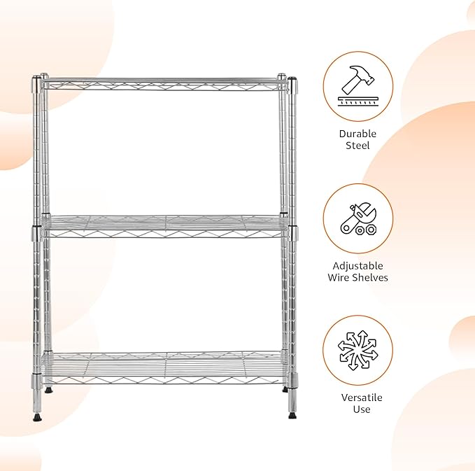 Amazon Basics 3-Shelf Adjustable Heavy Duty Steel Wire Shelving Rack with Chrome Finish, No-Tool Assembly, 250 lbs per Shelf, 23.2" L x 13.4" W x 30" H