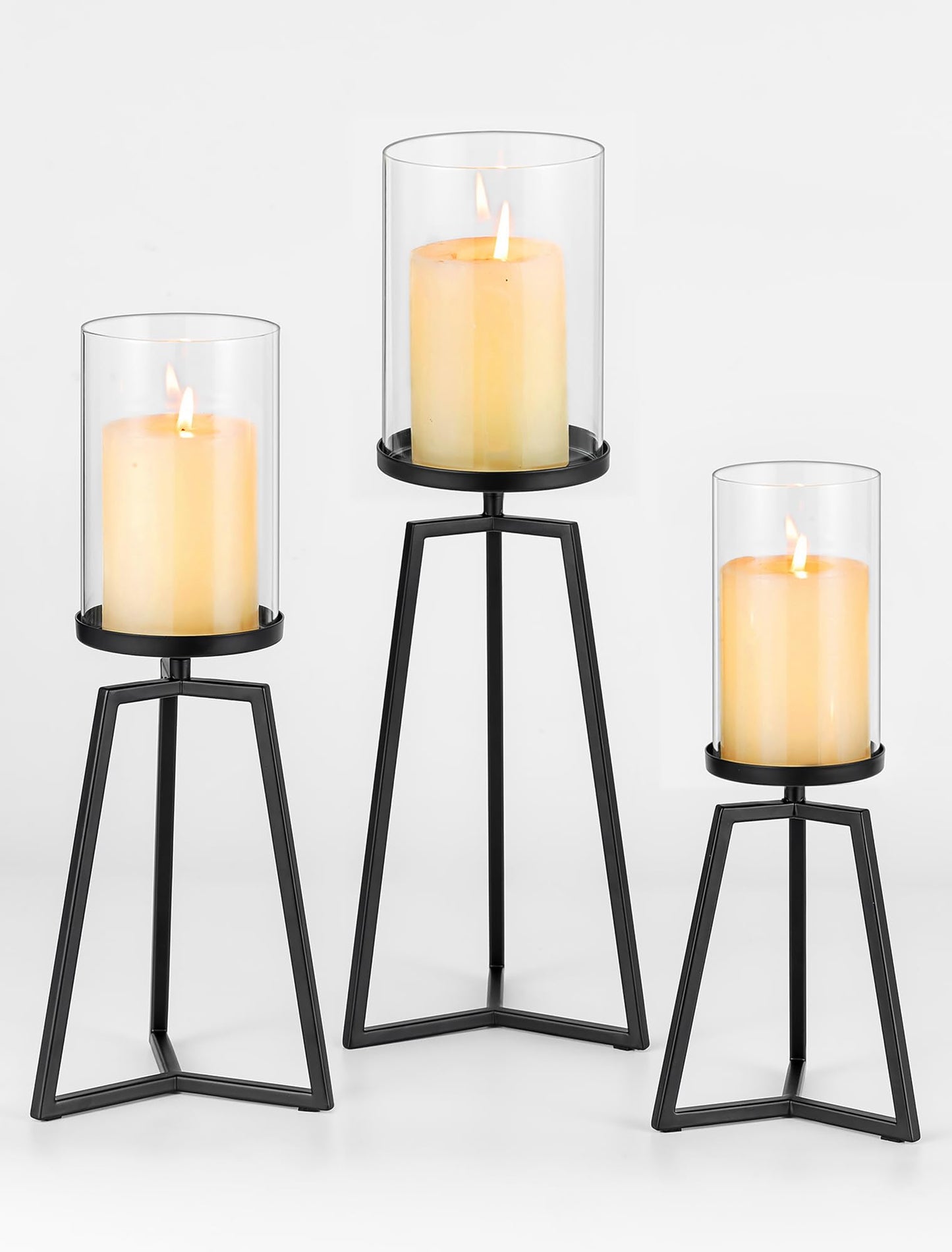 Sziqiqi Pillar Candle Holders Black: Set of 3 Metal Candleholder - Geometric Candle Stands with Hurricane Glass for Indoor Outdoor Dining Table Decor