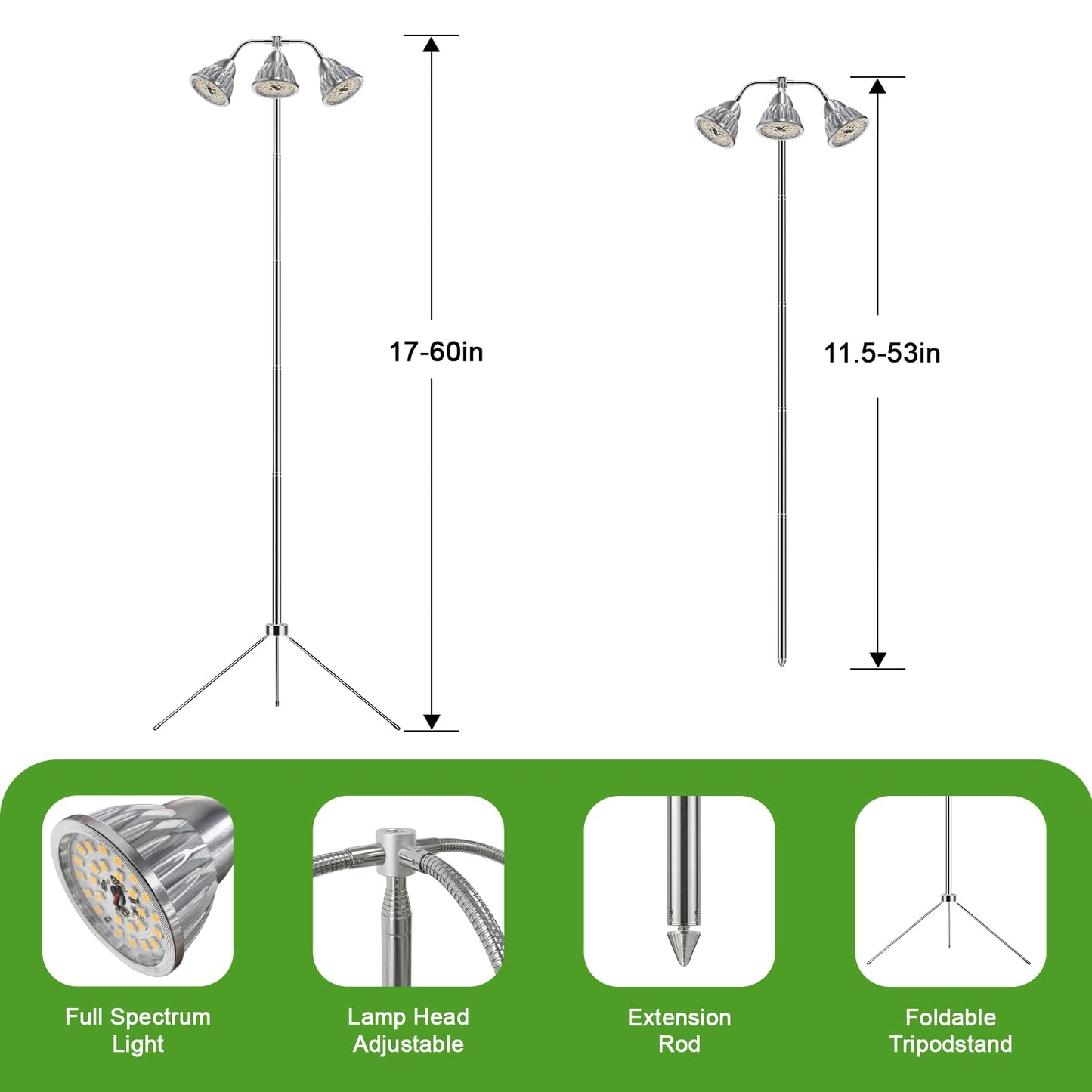Full Spectrum Grow Light for Indoor Plants with Adjustable Tripod Stand, 11''- 60'' Height Plant Grow Lamp with Auto Timer 3/9/12H, LED Plant Light for Houseplants, Seedlings, Flowers & Indoor Garden