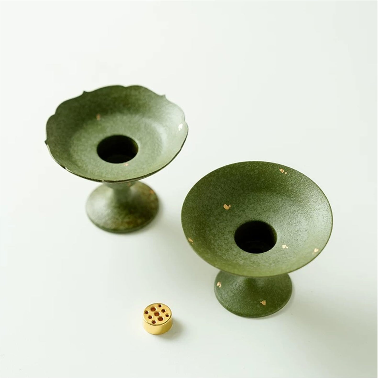 Hermit Life Incense Stick Holder with Fresh Lime-Green Glaze, Ceramic Incense Burner with Ash Catcher, Candlestick Holder for Table Décor (Round Rim)