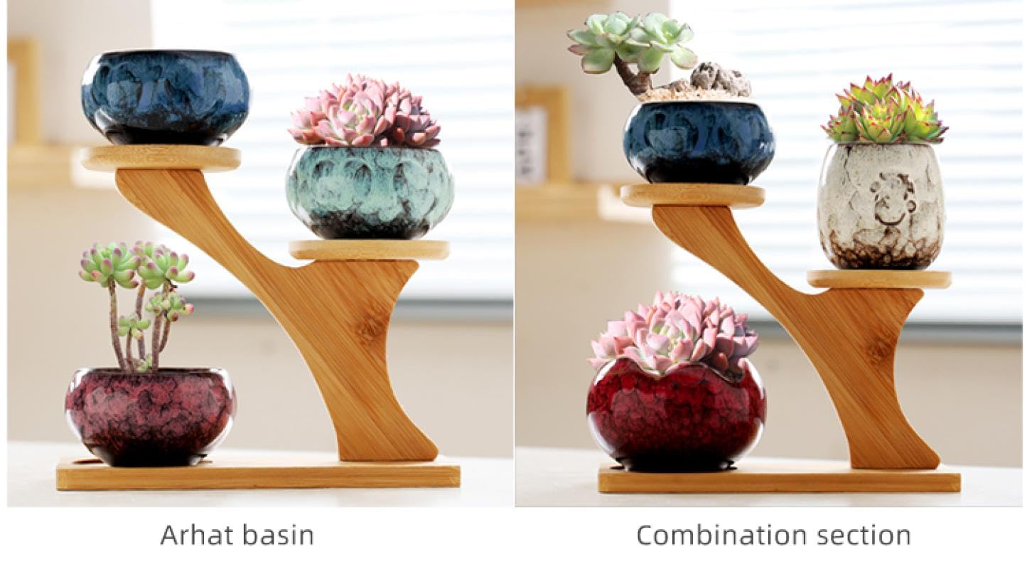 YYW Succulent Pots with Drainage Ceramic Plant Pot Indoor Small Flower Cactus Pots with Tree Tier Bamboo Stand Shallow Planter for Garden Windows Home Office Decor Plant Lovers Gifts