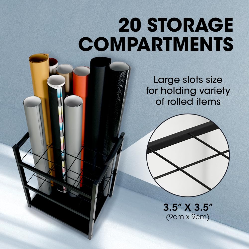 J JACKCUBE DESIGN Blueprint Storage Rack, Blueprint Metal Holder 20 Slots Rolling File Cart Organizer for Architectural Construction Plan, Wrapping Paper, Art Supplies (Black)- MK1301A