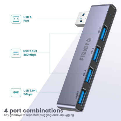 Fidioto USB Hub, 4-Port USB Splitter(1 * 3.0 Hub, 3 * 2.0 Hub) USB Splitter USB Expander for Laptop,Windows PC,Mac,Printer,Flash Drive,Mobile HDD, Notebook PC