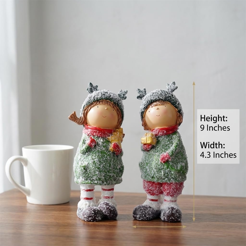 Brizoria Charming Winter Figurines Set of 2 Christmas Boy and Girl Statues Cute Kids Resin Holiday Figurines Winter Decorations Indoor for Home Mantel and Shelf Decor, 9"