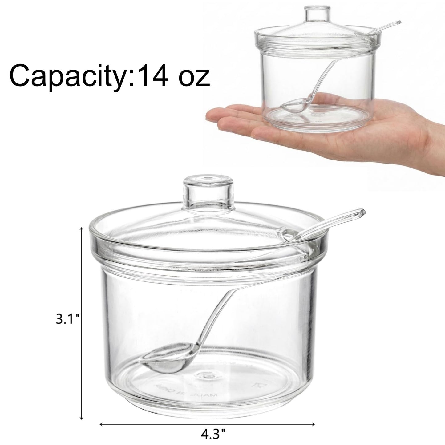 ZEAYEA Set of 6 Clear Acrylic Sugar Bowl, 14 oz Seasoning Box Condiment Pots with Spoon and Lid, Sugar Spice Salt Canister for Home Kitchen, Coffee Bar, Restaurant