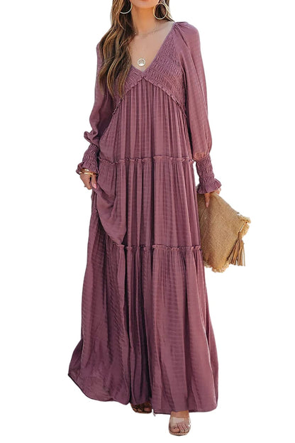 R.Vivimos Maxi Dress for Women Long Sleeve V Neck Empire Waist Layered Ruffle Boho Casual Flowy Long Dresses