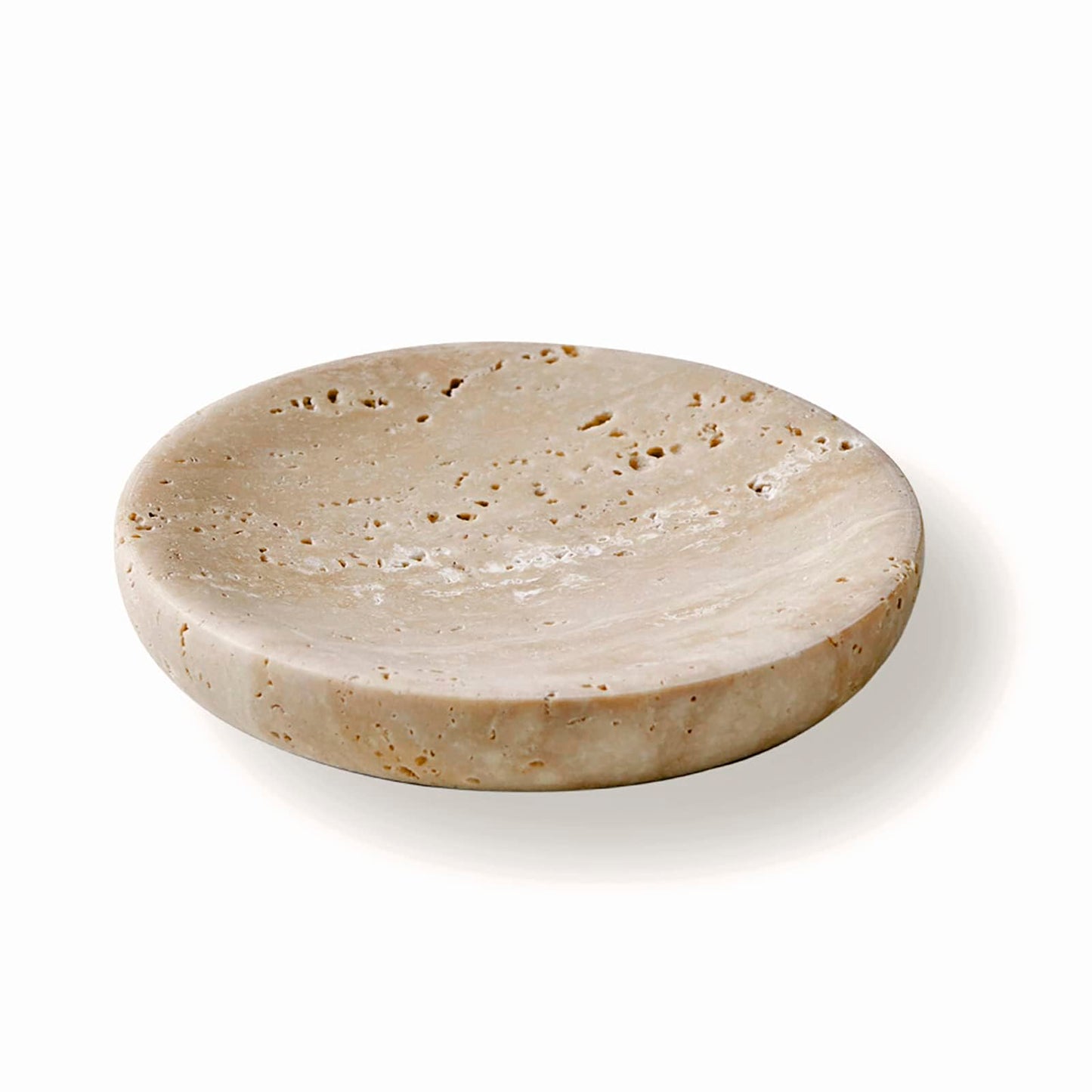 PHINILUX Round Travertine Tray for Jewelry, Marble Trinket Dish Tray, Nightstand Decor, Coaster, Soap Dish,Sponge Holder for Bathroom, Beige