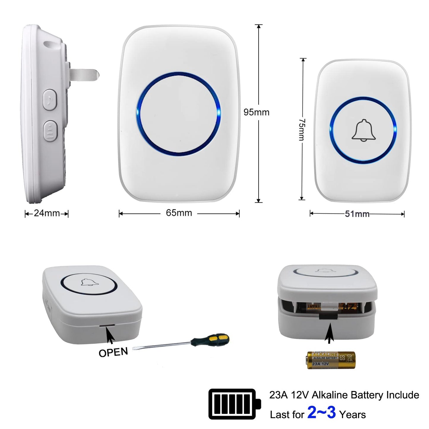 Wireless Doorbell, Waterproof Door Bell Kit, Distinguish Front and Rear Doors, Over 1000 feet Range and 60 Chime, 5 Levels Volume and LED Flash, for Home Office Classroom