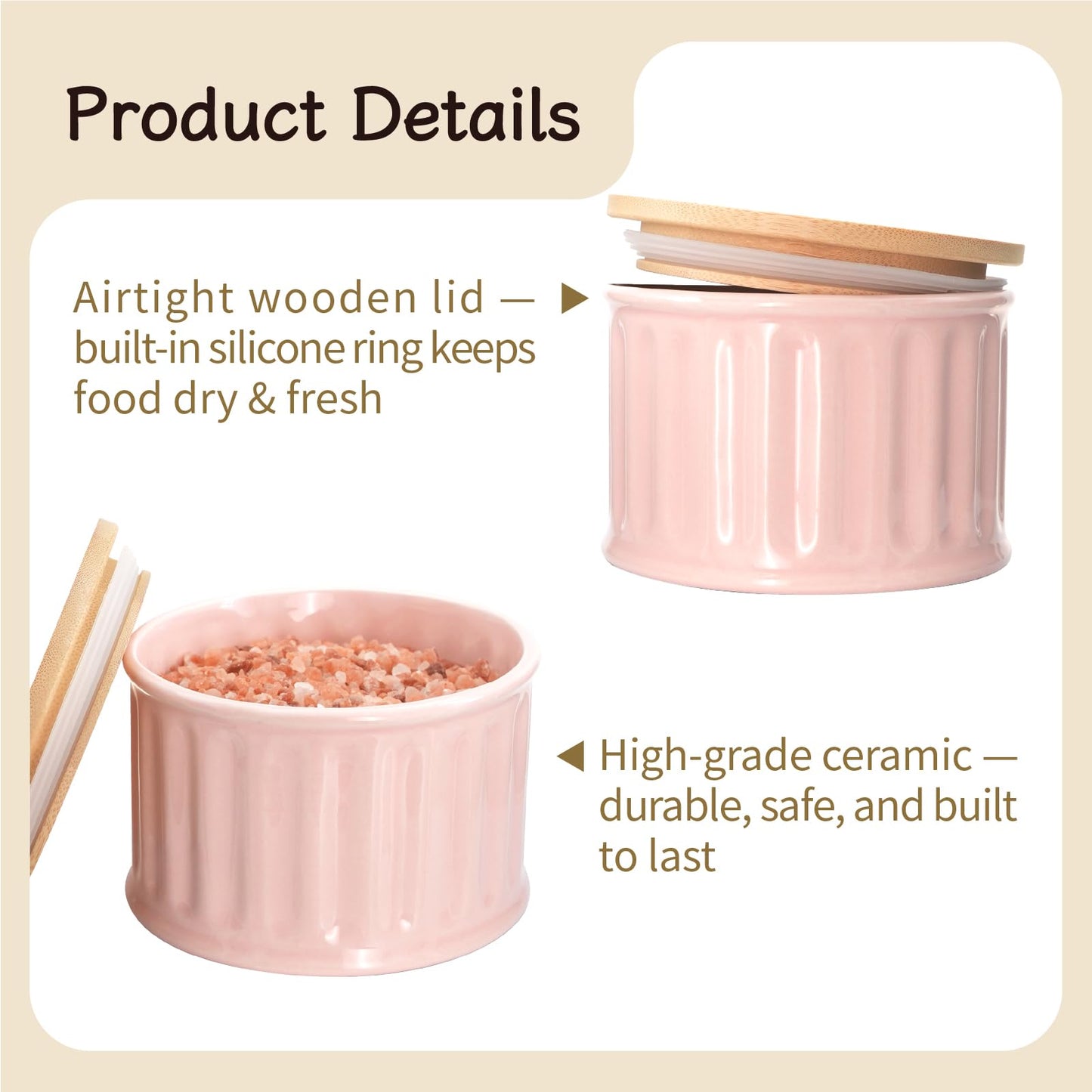 seicasaya Ceramic Condiment Pot with Bamboo Lid - 17oz Multi-purpose Seasoning Container for Salt, Sugar, Spices - Modern Striped Kitchen Countertop Storage Jar (Pink)