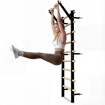 GMWD Swedish Ladder, Wood Stall Bar, Suspension Trainer with Pull-Up Bar and Dip Bar Attachments, Wooden Stall Bar with 9 Strategic Rods for Core Strengthening and Stretching Balanced