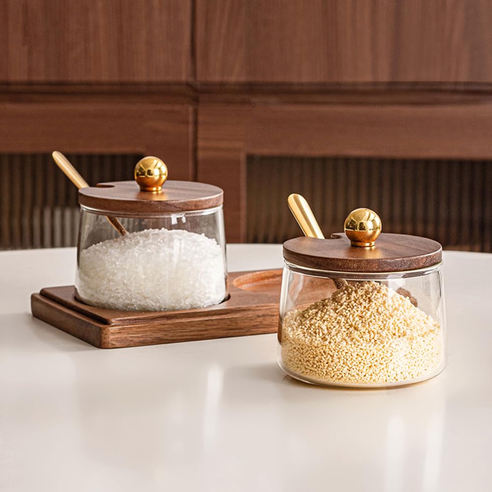 ANQIA Condiment Containers Set with Acacia Wood Lids and Tray Seasoning Box Condiment Pots Jars with Spoons for Spice Salt Sugar Cruet (Gold Top, 2 Jars with Tray)