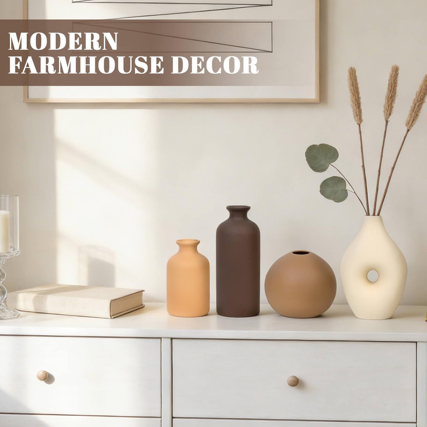 Ceramic Vase Set of 4 Modern Farmhouse Decor Vases for Home Table Centerpiece - Rustic Flower Vases for Living Room Kitchen Shelf Bedroom Office Bathroom Dining and Coffee Table Decor