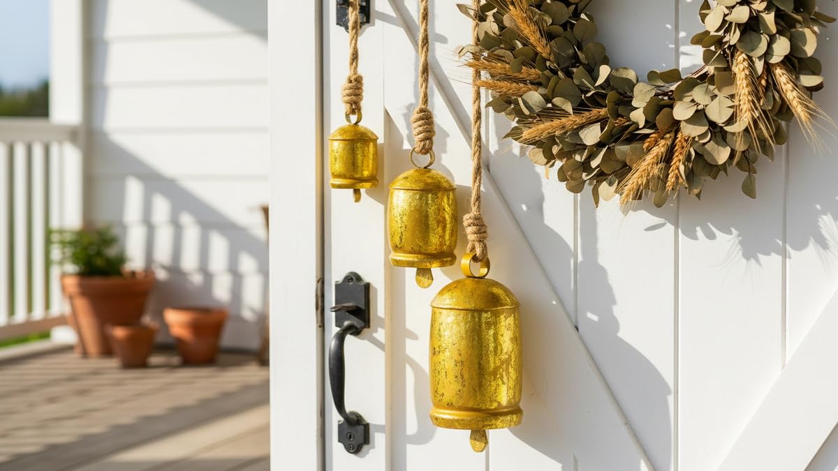 Christmas Handmade Rustic Finish Hanging Bells for Door Chimes on Jute Rope Shabby Chic Decorative Bells (Rustic Set of 3 4x6x7.5)