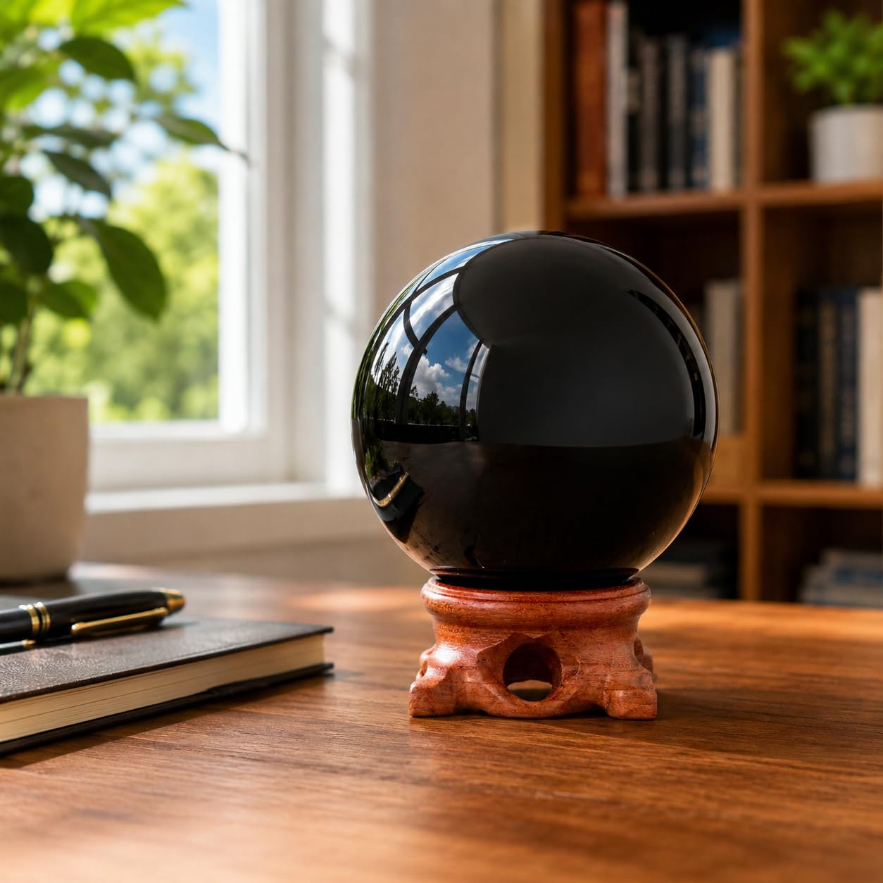 Lodkksg Black Obsidian Crystal Ball 90mm (3.54-inch) with Wooden Stand — Natural Polished Black scrying Ball, Suitable for Meditation and Home Decor.