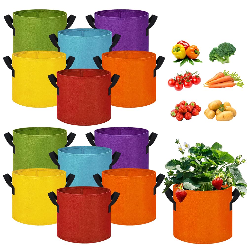 kuchisity 5 Gallon Grow Bags, 12 Pack Multicolor Fabric Plant Pot Bag with Handles Plant Grow Bags for Flowers, Fruits and Vegetables ﻿(Blue+Green+Yellow+Orange+Red+Purple)