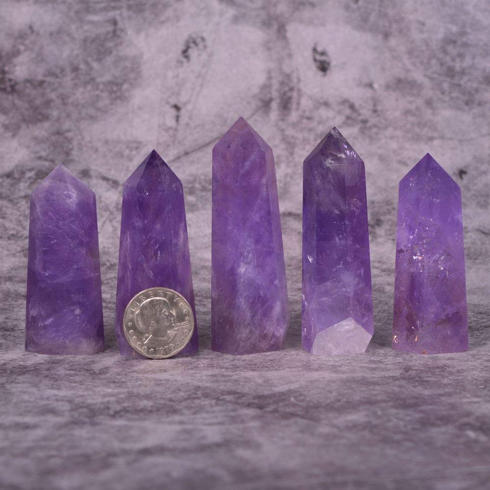 Natural Amethyst Healing Crystal Hexagonal Pointed Faceted Prism Decor