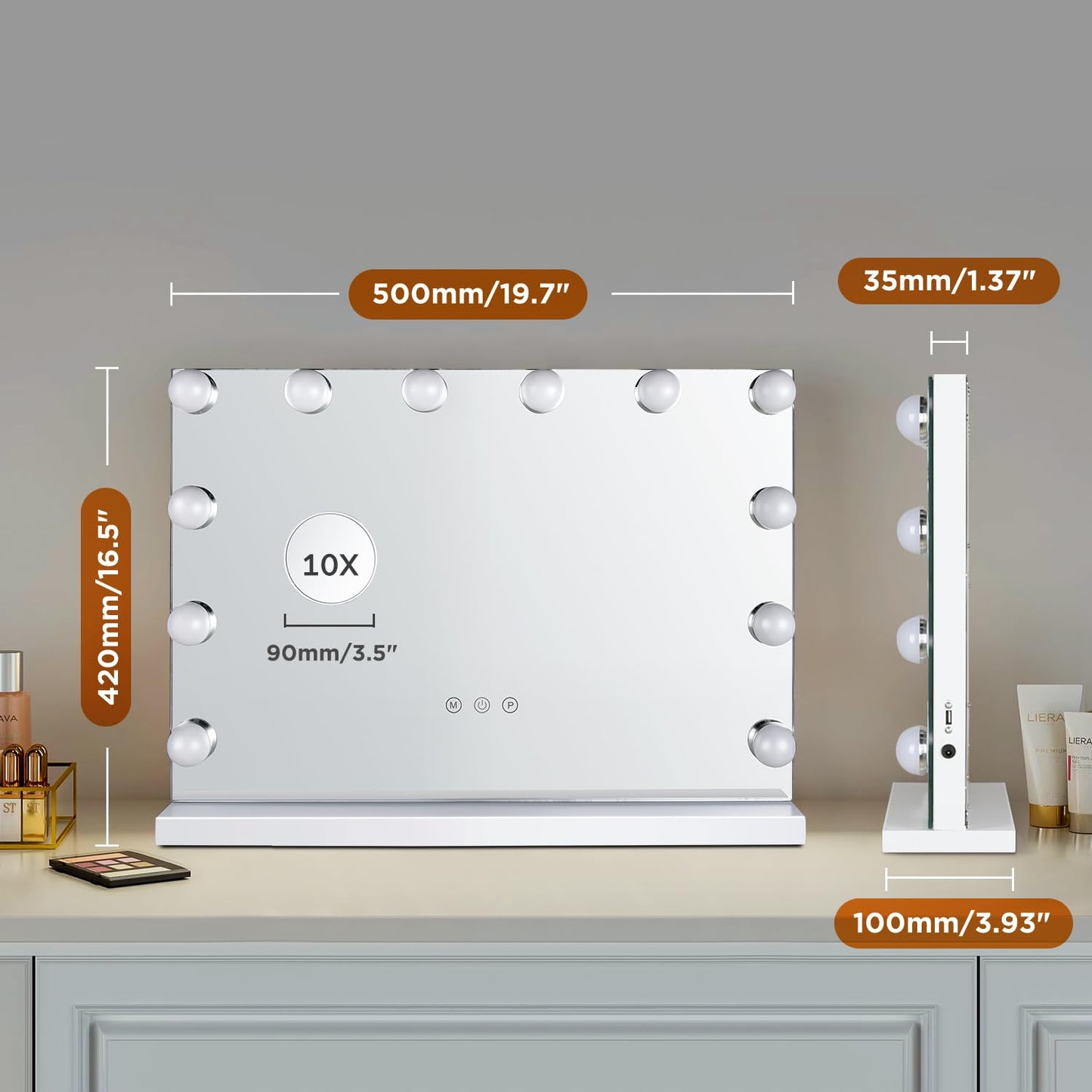 M MIVONDA Hollywood Vanity Mirror with Dimmable 15LED Bulbs Lights 3 Lighting Modes 2in1 Large Lighted Makeup Mirror for Desk and Wall with Plug-in and USB Charger Port