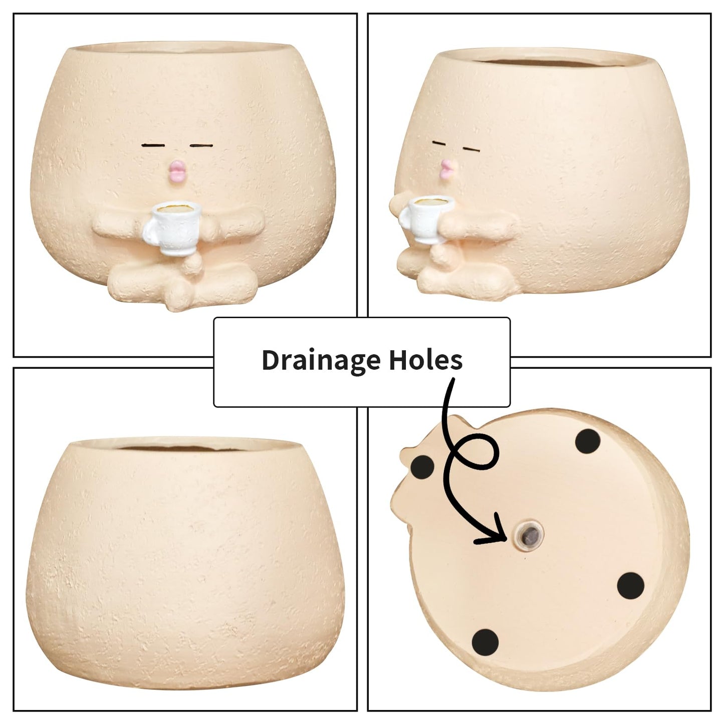 Toparad Smily Face Planter Pot with Coffee Cup Cute Resin Flower Head Planters for Indoor Outdoor Unique Sit Succulent Pots with Drainage Hole Gift IdeaI for Mother Christmas (Khaki)