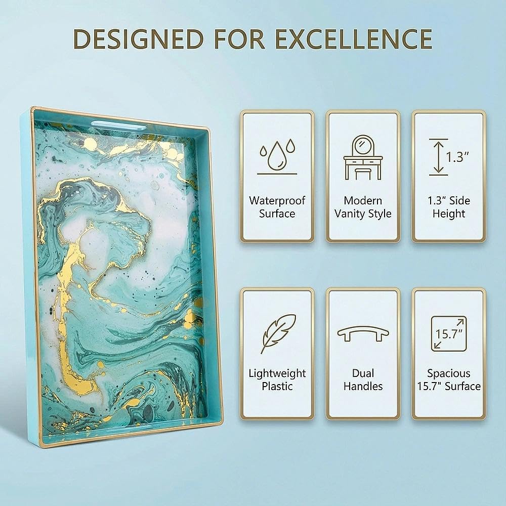 Zosenley Decorative Tray, Marbling Plastic Tray with Handles, Rectangular Vanity Tray and Serving Tray for Bathroom, Kitchen, Ottoman and Coffee Table, 15.6" x 10.2" (Golden Blue)