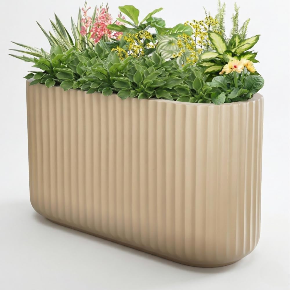 Wil & Vic 89s 15" H x 24" L Sirius Fiberglass Planter, Round Indoor and Outdoor Plant Pot with Drainage Hole, Lightweight, Durable Minimalist Home, Included Extra Coco Mats, Taupe