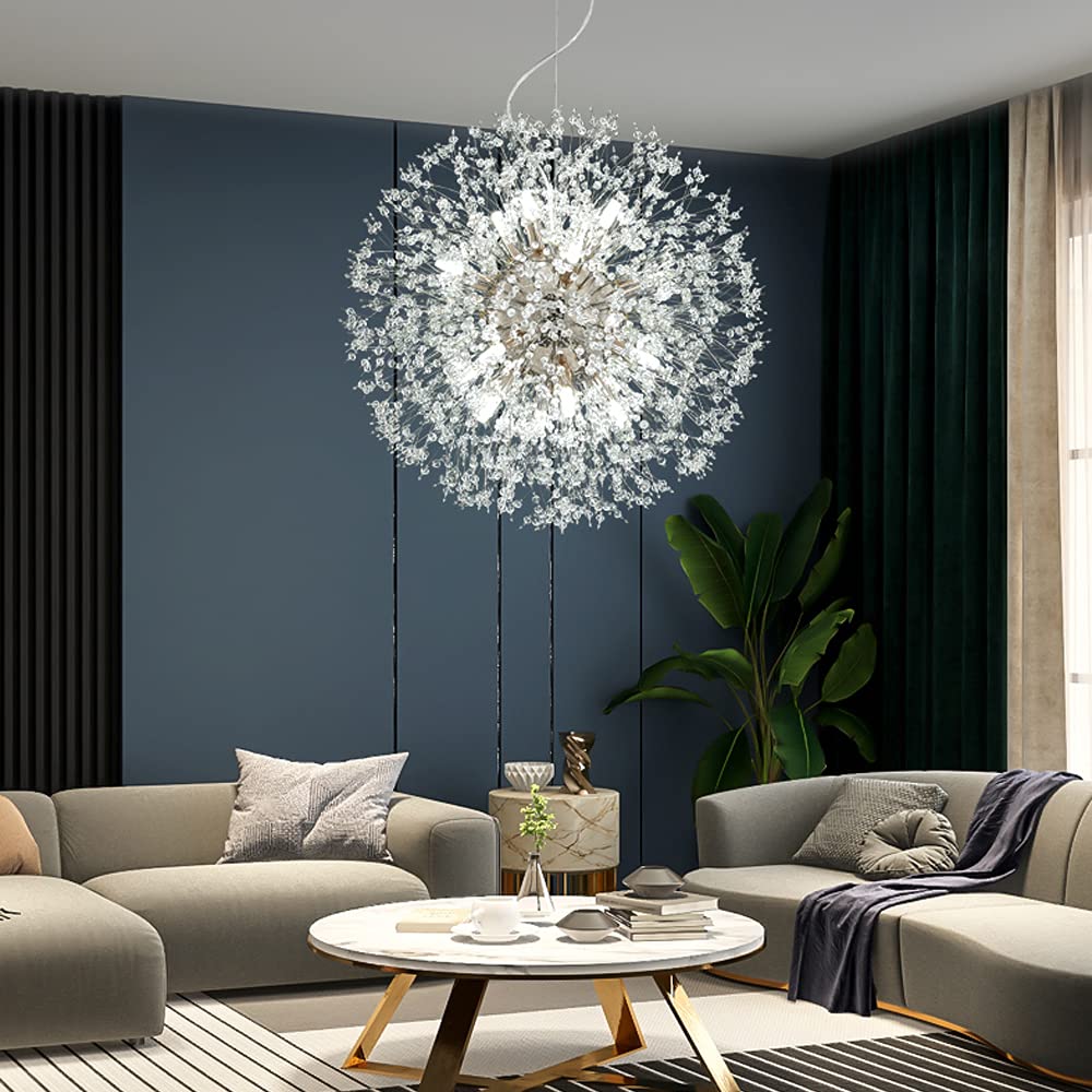 Mivenda Modern Crystal Chandeliers 16-Light Chrome Dandelion Light Fixture,Firework Chandelier,Personalized Ceiling Hanging Lighting for Living Room,Dining Room,Kitchen,Bedroom Chandelier