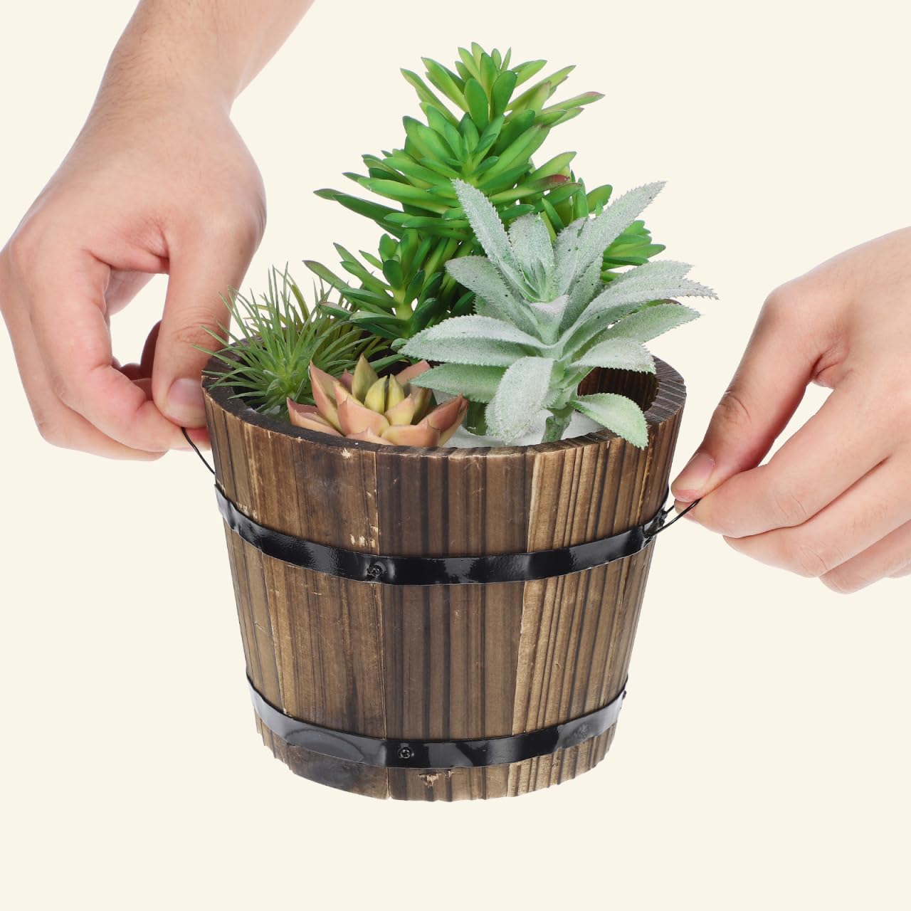 Healeved Wooden Round Barrel Planter Flower Pot for Succulents with Permeable Bottom 7.08X7.08X5.9 Inches Indoor Outdoor Home Office Garden D Cor