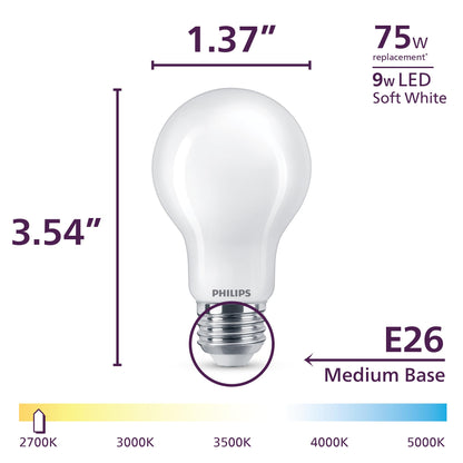 PHILIPS LED 75W A19 4-Pack Ultra Definition Daylight (5000K) 1100 Lumen (9W = 75W) Dimmable Frosted Flicker-Free Light Bulbs