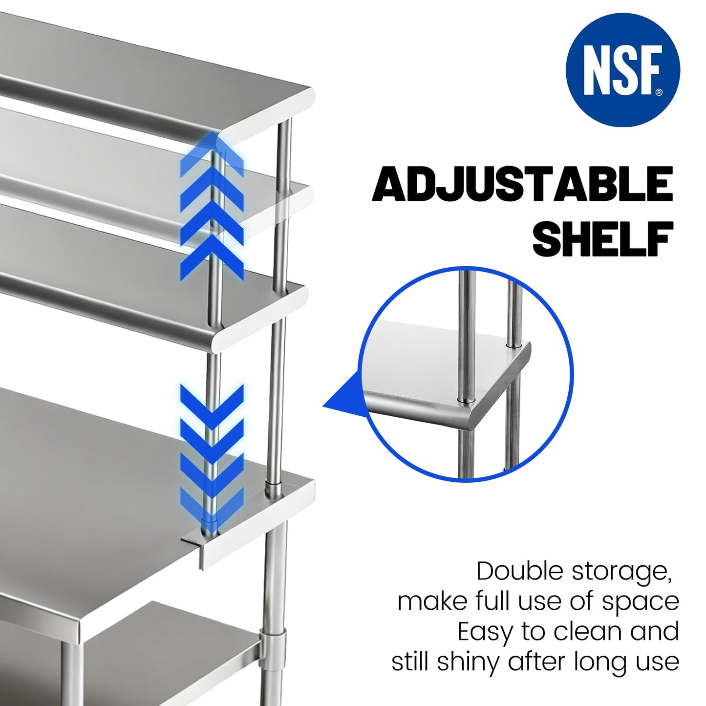 Hally Double Overshelf of Stainless Steel 12'' x 72'' Weight Capacity 420lb, Commercial 2 Tier Shelf for Prep & Work Table in Restaurant, Home or Kitchen