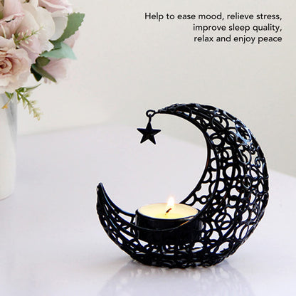 Candle Holder, Moon Candle Holder, Hollowed Iron Candle Holder, Ornament Weddings, Christmas Decoration, Dining Table, Coffee Table (Black)