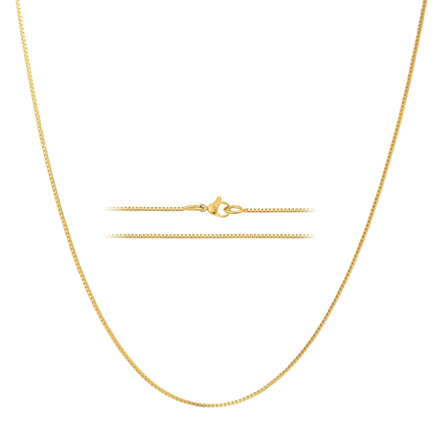 KISPER 24k Gold Over Stainless Steel 1.2mm Thin Box Chain Necklace, 20 inch