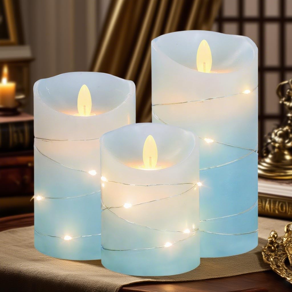 MELTONE Nautical Flameless Candles with String Lights Real Wax Ocean Blue Flickering Battery Operated Candles with Remote Control & Timer - Home Farmhouse Xmas Kitchen Dining Room Decor - Set of 3