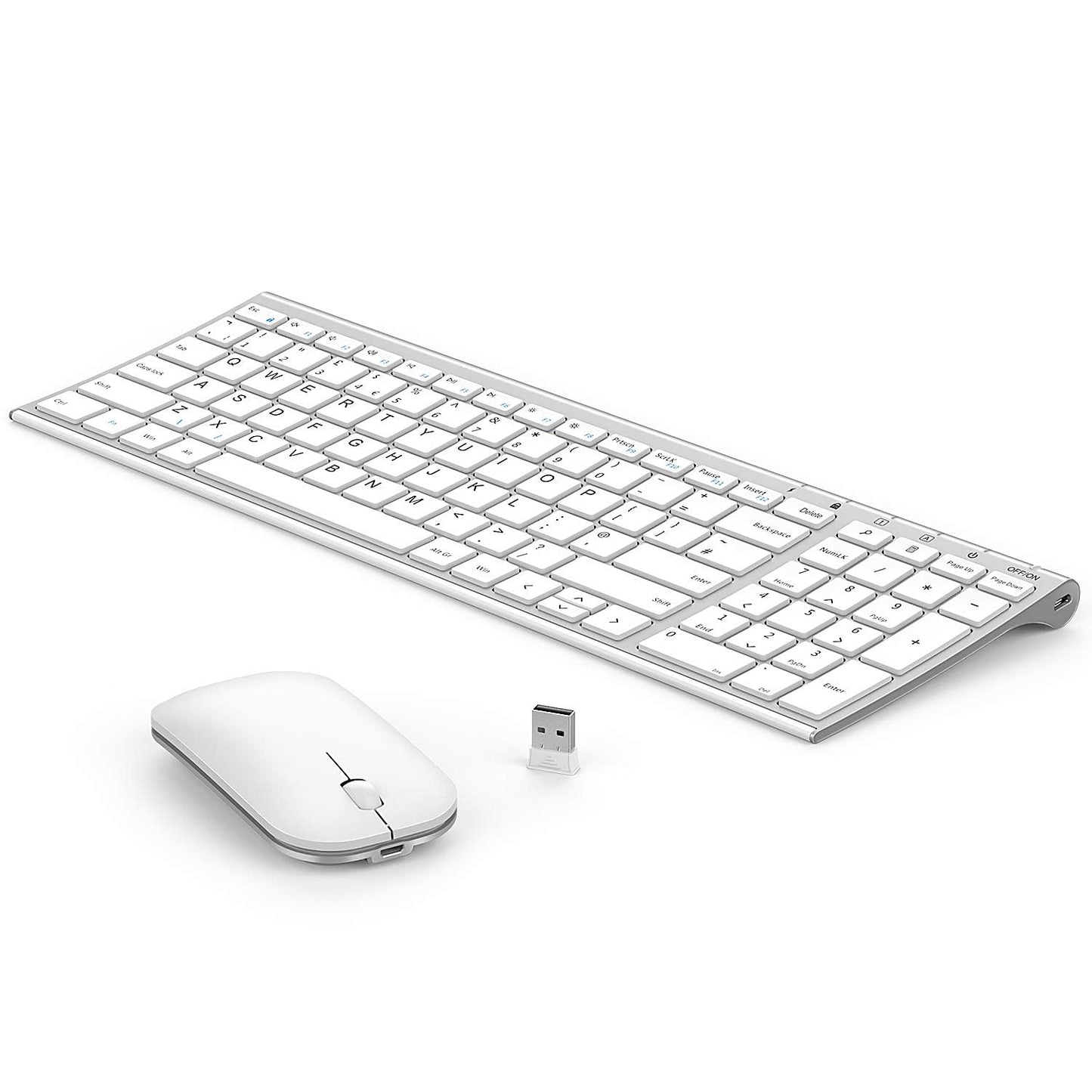 seenda WGJP-031B Wireless Keyboard Mouse Set, Ultra Thin Compact Rechargeable Aluminum Silent Computer Keyboard & Mouse Combo UK QWERTY Layout for Office, Home, Business, Silver White