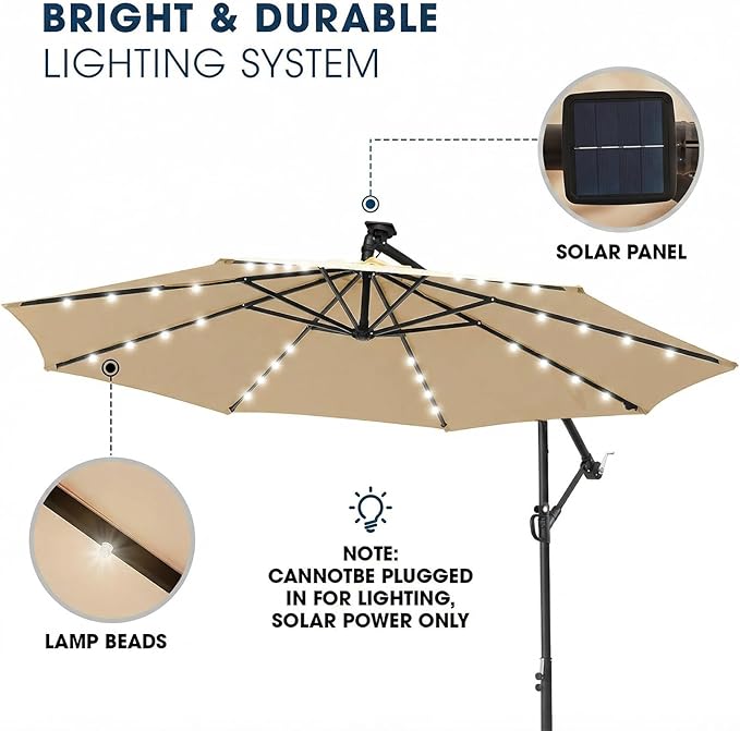 wikiwiki 10ft Solar LED Patio Umbrella with Base Included, Offset Umbrella with Weighted Sandbag Base, Cantilever Patio Umbrellas for Backyard, Garden & Deck, 32 LED Lights & Polyester Shade, Tan