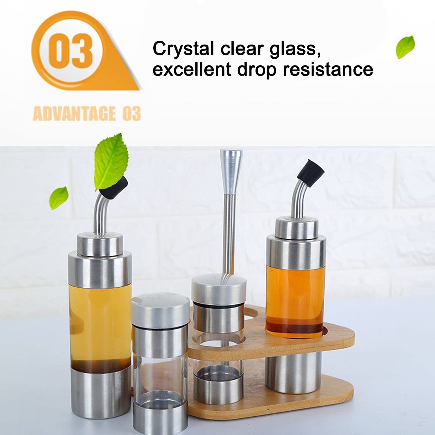 4-Pack Stainless Steel Kitchen Dispenser Set with Wooden Holder - Precision Olive Oil, Vinegar, Salt & Pepper Bottles for Home & Restaurants