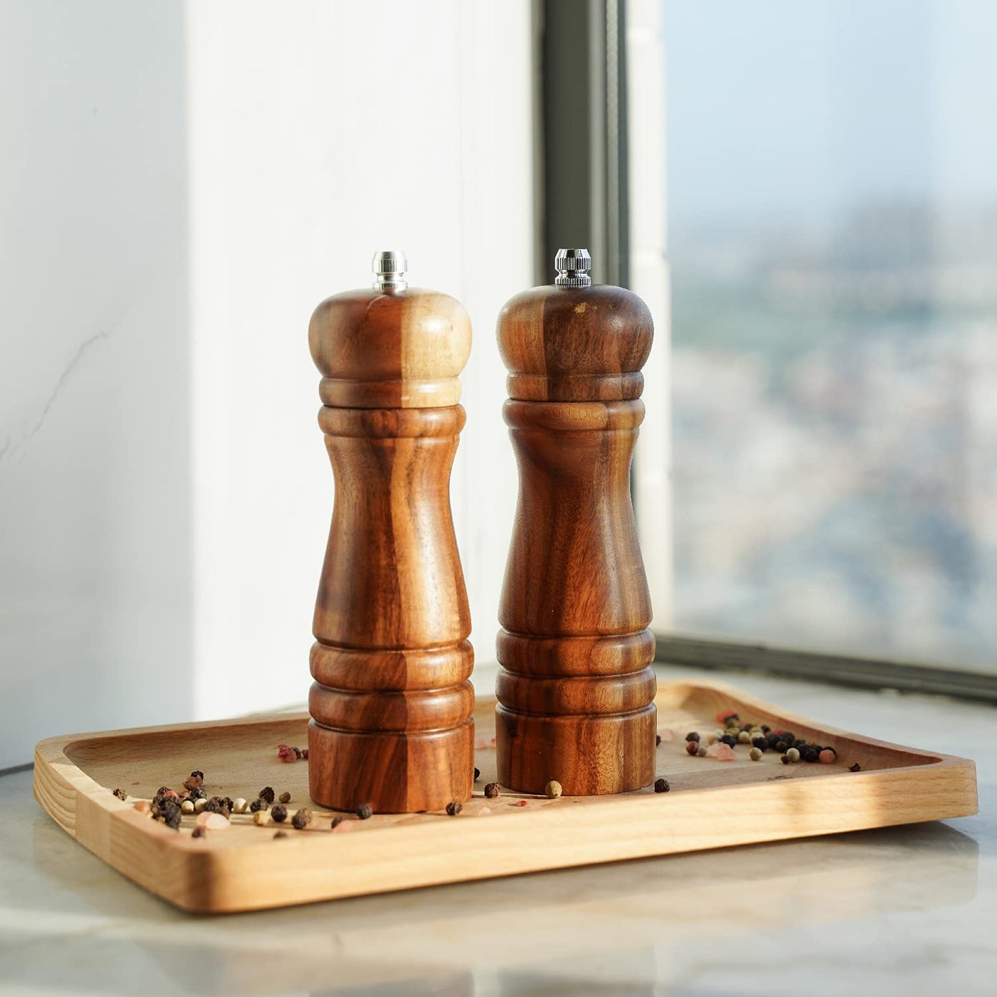 DeroTeno Salt and Pepper Mill Set, Set of 2 Salt and Pepper Grinder with Ceramic Grinder, Acacia Wood, Height 16.5 cm / 6 inch ((Tray is not Included)