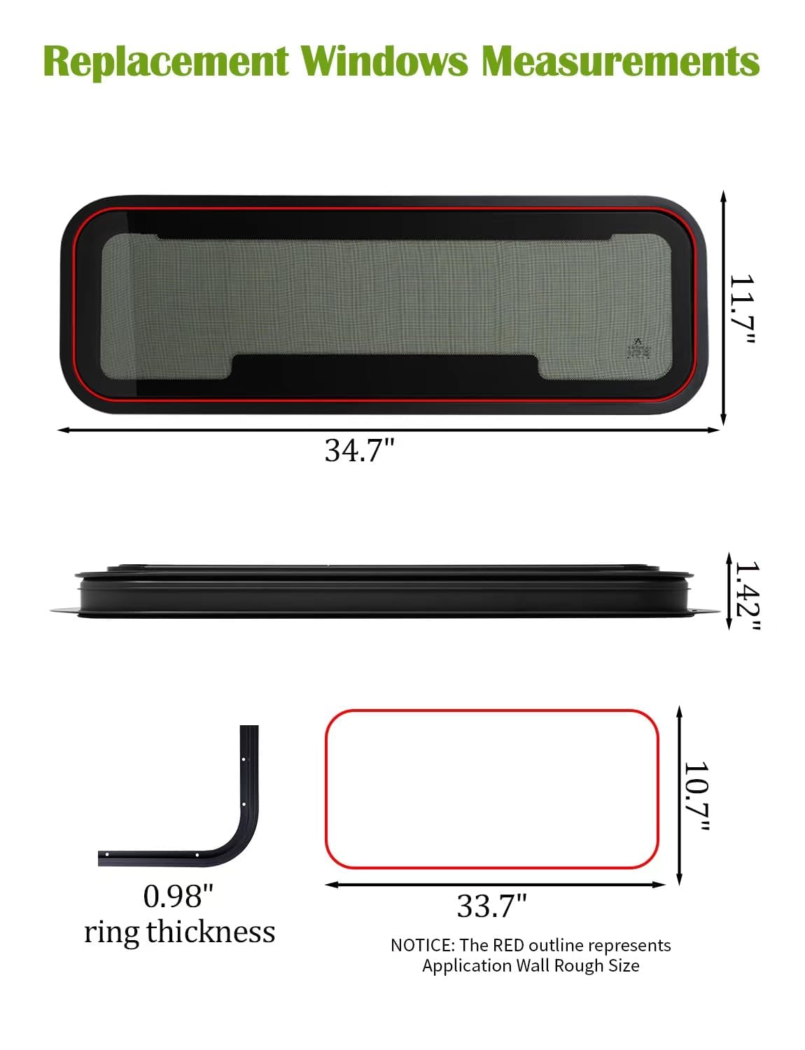 RV Window | 33.7"W x 10.7"H | Universal Camper Van Bunk Awning Window | Tempered Glass &Trim Set | DOT Certification Qualified